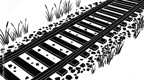 Vector art diagonal railway tracks close up with wooden sleepers gravel verge low angle perspective high contrast monochrome illustration outdoor
