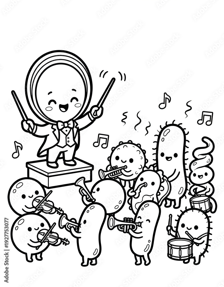 Fototapeta premium Cute inoculating loop conductor with bacteria orchestra, microbiology mascot, black and white line art coloring page vector illustration.