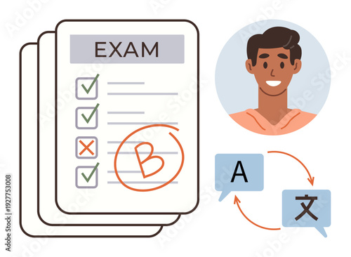 Education, language learning, test assessment, multilingual skills, academic progress, exam results. Exam sheet marked with grades and person portrait plus translation icons. Education and language