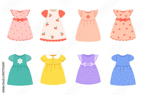 Set of colorful baby dresses with floral, cherry, and polka dot prints. Fashion clipart collection.
