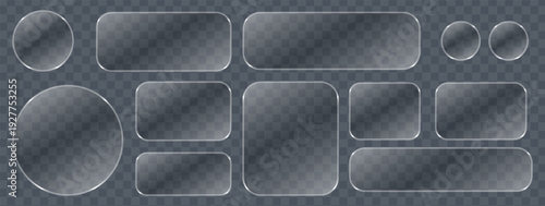 Liquid glass button interface, light frame banner set, tech light frame glass PNG glow, futuristic board banners mobile web, vector panel collection.