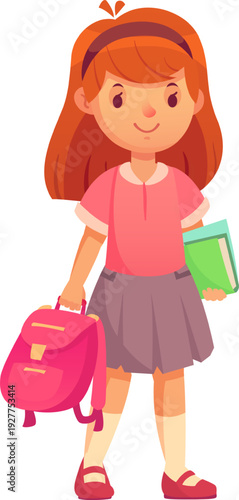 Excited schoolgirl with pink backpack and book, ready to learn and grow in knowledge. Smiling brightly in uniform with red hair, skirt, shoes, socks, and headband