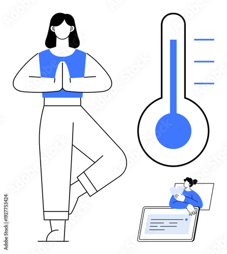 Wellness and health theme. Wellness visualization through yoga, health tracking with technology, and thermometer health monitoring. Wellness use in healthcare, fitness, mindfulness, apps, and tech