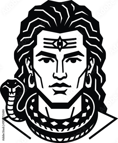 Line art close up portrait of shiva with third eye coiled cobra necklace looking forward spiritual calm minimalist iconic