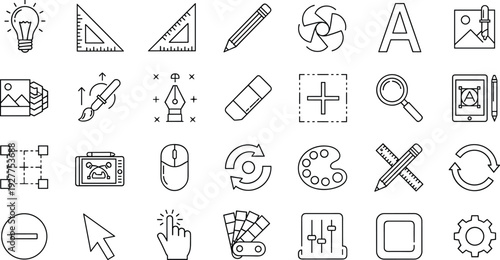 Graphic Design and Editing Tools Outline Icon Set with Pencil, Ruler, Palette, Eraser, Layers, Cursor, Settings, and Creative Software Symbols