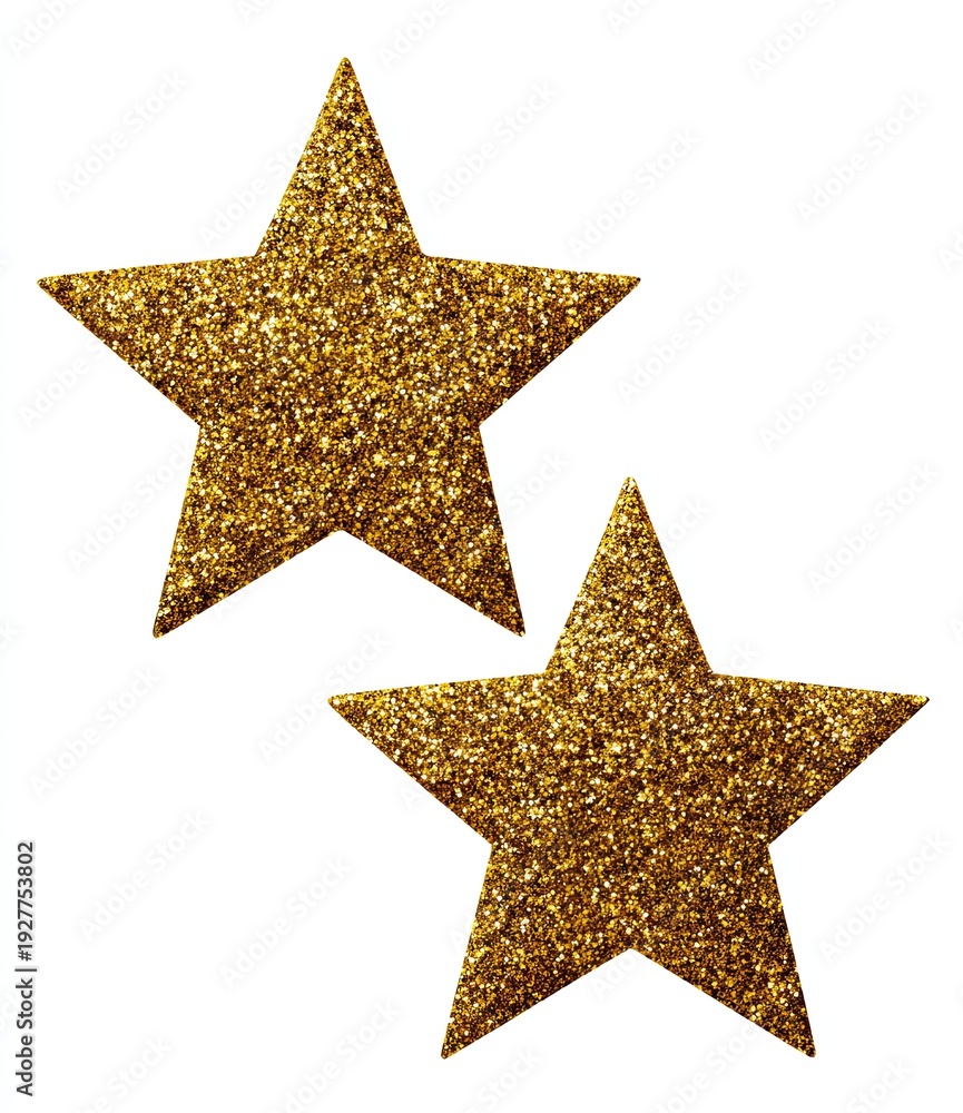 Obraz premium Two golden five-pointed stars on a white background, filled with sparkly texture