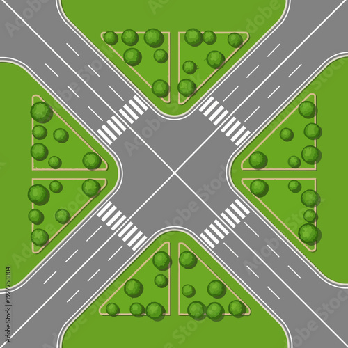 Aerial View of a Modern Intersection with Greenery and Pedestrian Crosswalks