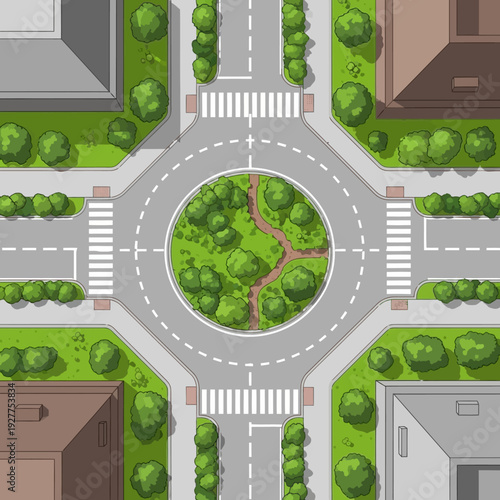 Aerial View of a Modern Roundabout Intersection with Greenery and Pedestrian Crossings