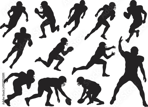 Large collection of black silhouettes featuring American football players running tackling and catching the ball in active sports poses isolated on white background for design