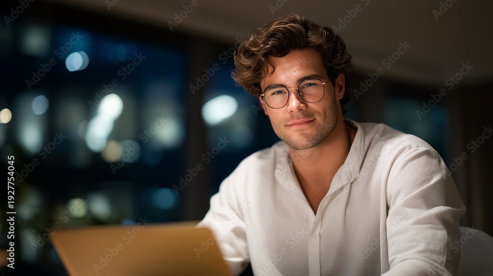 Obraz premium Young professional using AI powered writing assistant on laptop to draft business emails in a modern office, ideal for artificial intelligence productivity, smart work tool, digital assistant, AI