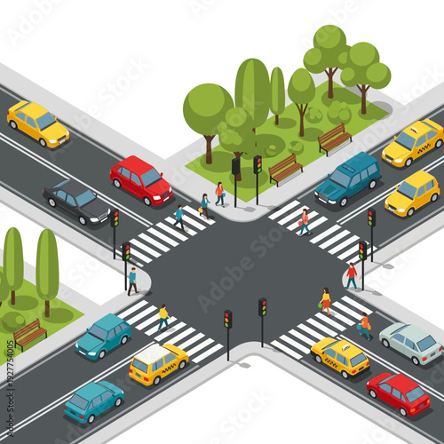 Busy City Intersection with Cars and Pedestrians Crossing Streets