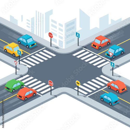 Busy city intersection with cars and traffic lights in isometric view