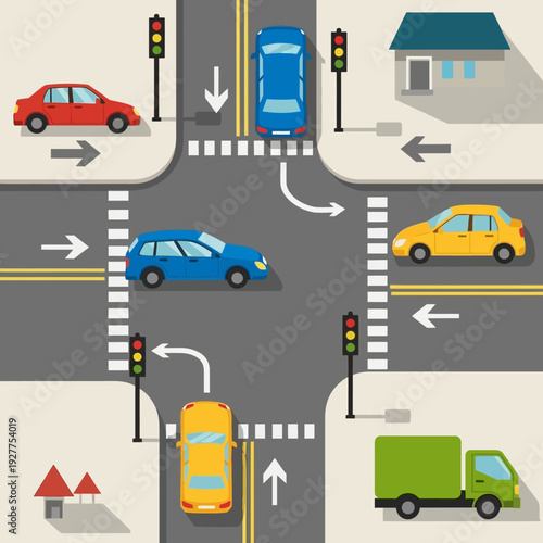 Busy City Intersection with Cars and Traffic Lights