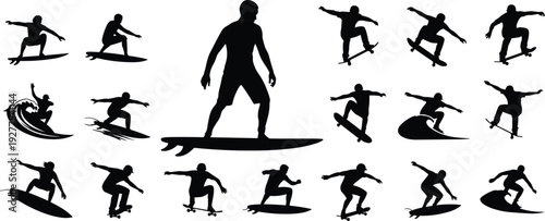 Surfer, surfing, silhouette, man, board, water, sport, summer, beach, wave, ocean, lifestyle, activity, skateboard, skating, flavector, vector, illustration, collection, set,