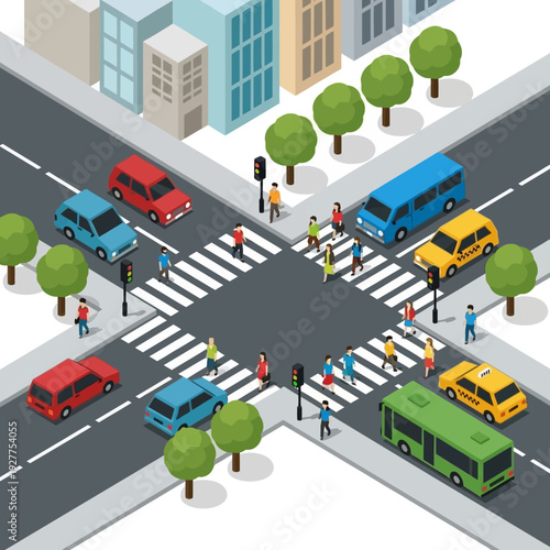 Busy city intersection with cars, buses, pedestrians, and crosswalks in isometric view.