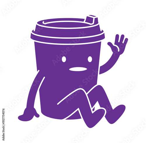 Purple cartoon coffee cup with arms and legs waving  friendly takeout container character