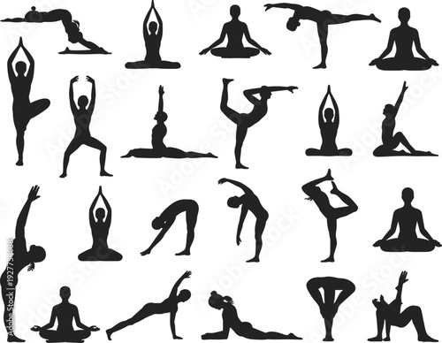Large collection of black silhouettes featuring men and women performing various yoga poses meditation and stretching exercises isolated on white background for wellness and health