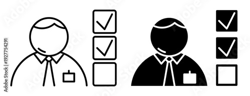 Linear icon. Diligent executive employee marks off a list of completed tasks. Simple vector isolated on white background