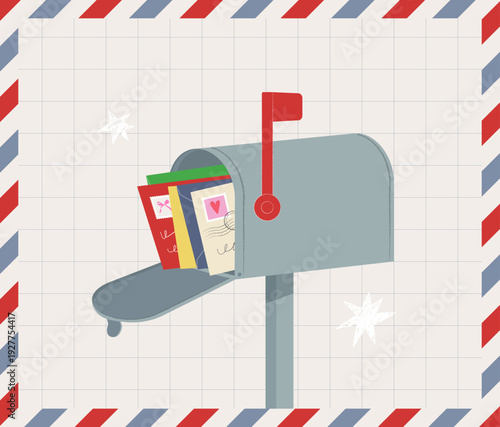 Hand drawn flat illustration of street mailbox with letters and postcards. Cute letter box or postbox on background with striped border