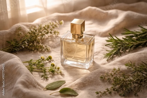 A perfume bottle rests on a linen cloth with sprigs of herbs, suggesting an intimate and luxurious scene.