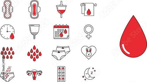 Menstrual Cycle and Feminine Hygiene Icon Set with Sanitary Pad, Tampon, Menstrual Cup, Calendar, Uterus, Blood Drop, and Period Care Symbols