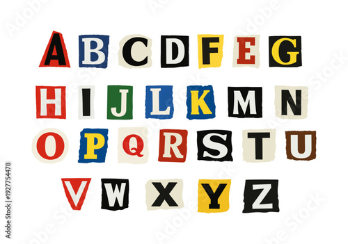 Creative collection of colorful alphabet letters designed in a magazine cutout and ransom note style. Each uppercase character features different fonts, colors, and shapes, creating a playful mixed 