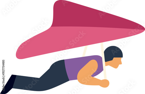 Minimal flat design illustration of a person hang gliding through the air with a red wing