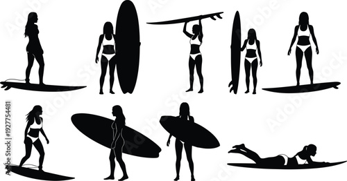 Surfer, surfing, silhouette, man, woman, board, water, sport, summer, beach, wave, ocean, lifestyle, activity, skateboard, skate, flavector, vector, illustration, collection,