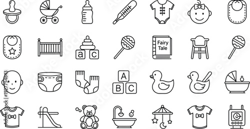 Baby and Nursery Outline Icon Set with Pacifier, Stroller, Bottle, Crib, Toy Blocks, Duck, Bib, Onesie, and Infant Care Symbols
