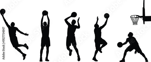 Basketball Player Silhouettes Set with Dribbling Shooting and Dunk Action Poses Sport Vector Illustration Isolated on White Background Athletic Activity Collection