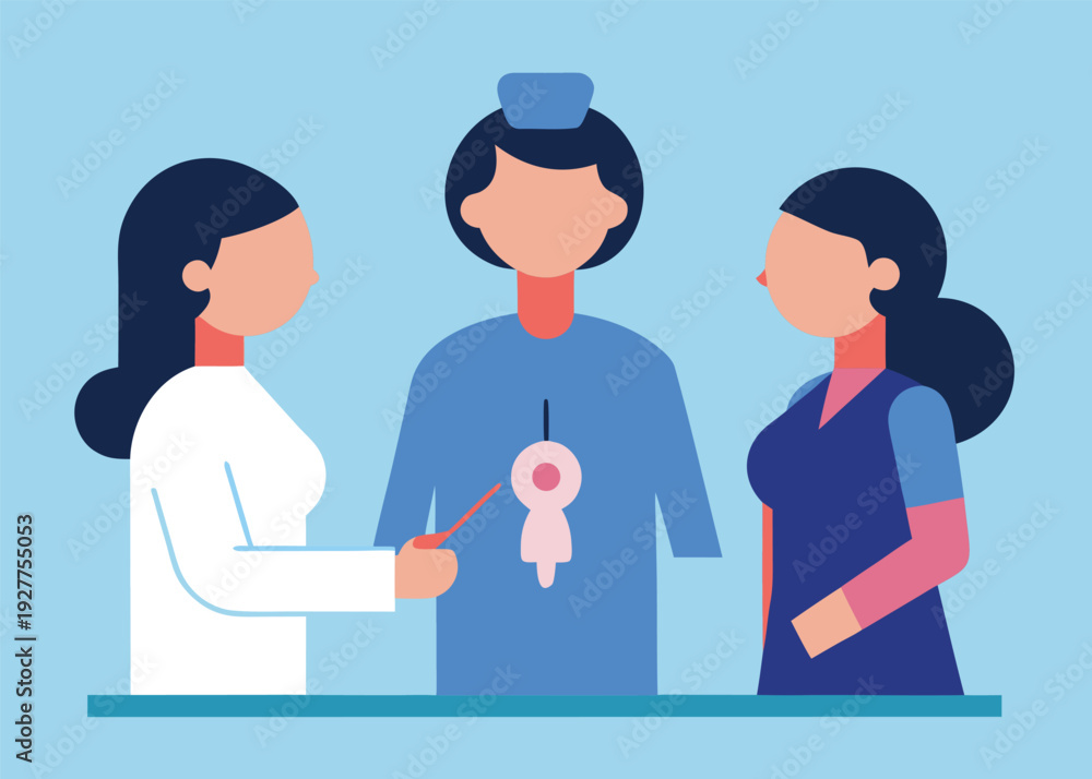 Obraz premium A female doctor demonstrates a vasectomy procedure to two other medical professionals using a stylized human torso model.