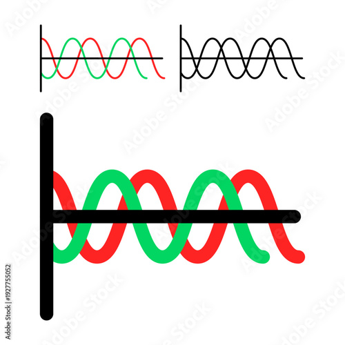 Vector illustration of sine wave interference diagrams with red and green oscillations
