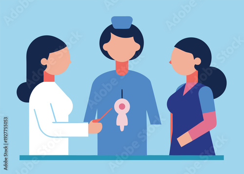 A female doctor demonstrates a vasectomy procedure to two other medical professionals using a stylized human torso model.