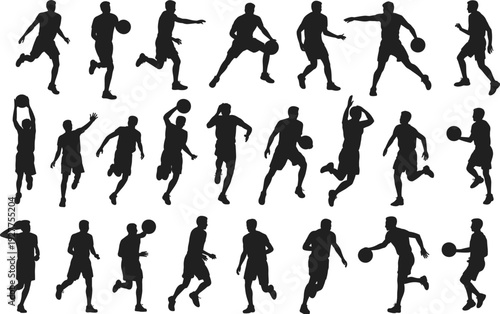 Large collection of black silhouettes featuring male basketball players dribbling running and shooting the ball in various active sports poses isolated on white background