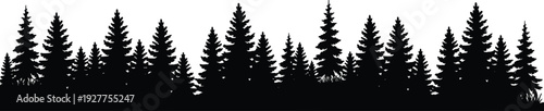 Black Pine Forest Silhouette Landscape with Evergreen Trees and Woodland Horizon Vector Illustration Background Banner Minimalist Nature Skyline Scenic Wilderness Design