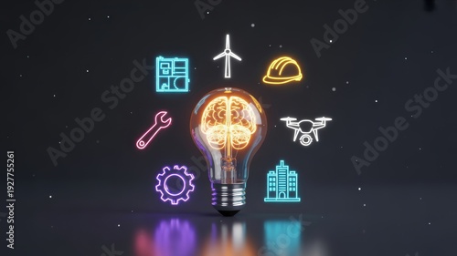 Light Bulb with Glowing Brain and Industry Icons Representing Innovation and Engineering