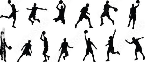 Large collection of black silhouettes featuring male basketball players jumping dunking dribbling and shooting the ball in active sports poses isolated on white background
