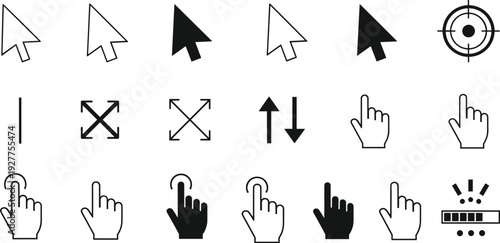 Cursor and Hand Pointer Icon Set with Arrow Selectors, Click Gesture Symbols, Resize Arrows, Target Crosshair, and UI Navigation Elements