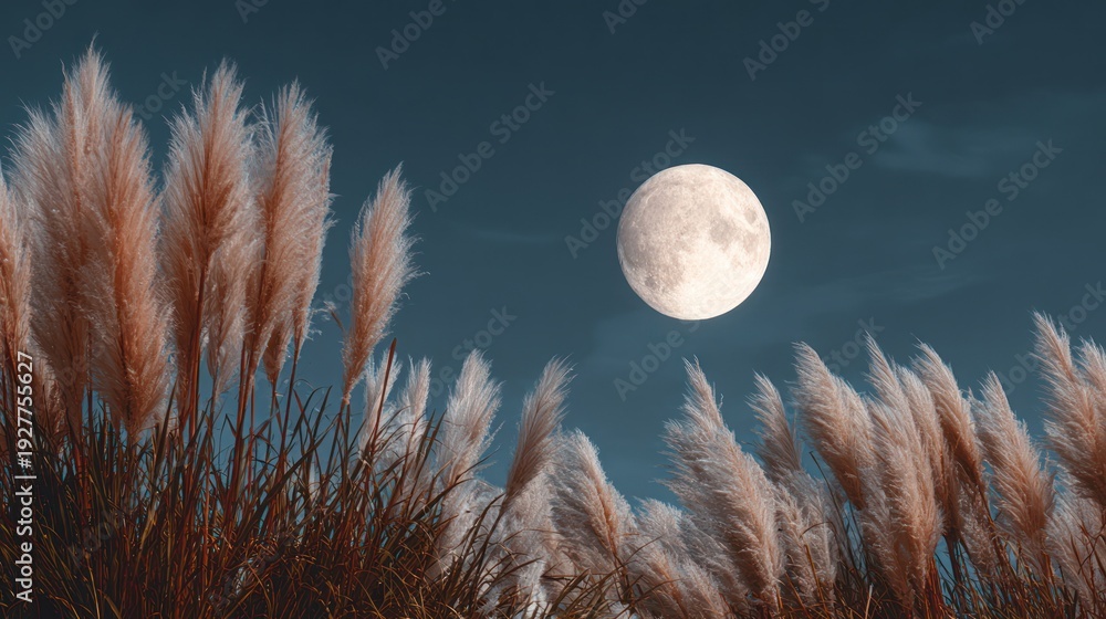 Fototapeta premium Full Moon Glowing Over Pampas Grass Field at Night Peaceful Scene