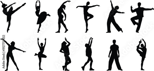 Large collection of black silhouettes featuring male and female dancers performing ballet contemporary and modern dance poses isolated on white background for creative arts