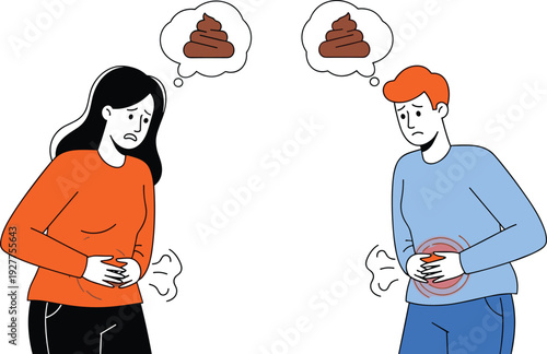 Stomach Ache and Digestive Problem Vector Illustration with Man and Woman Holding Abdomen, Flatulence Gas Pain Concept Design
