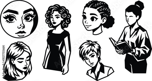 Line art vector set of seven female avatars various hairstyles reading book looking away looking at camera close up profiles