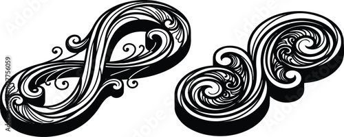 Art nouveau ornamental vector swirls forming twin infinity shapes close up decorative curves baroque inspired monochrome tattoo flash elegant seamless
