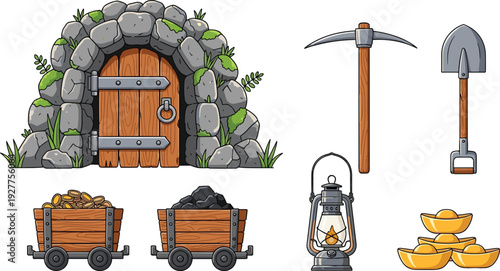 Mining Industry Vector Set with Stone Cave Entrance, Pickaxe, Shovel, Coal and Gold Mine Carts, Lantern, and Gold Ingots Illustration