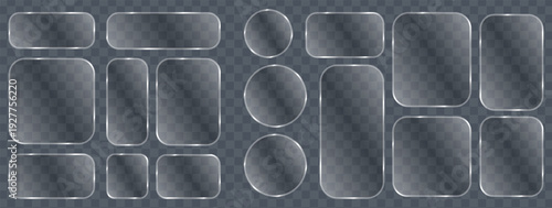 Liquid glass button interface, light frame banner set, tech light glass PNG banners glow, futuristic mobile web panels, frame vector illustration.