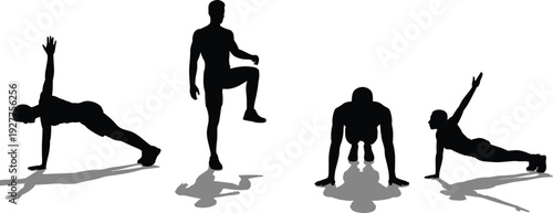 Black silhouettes featuring male and female athletes performing plank exercises side planks and high knee stretches isolated on white background for fitness and workout