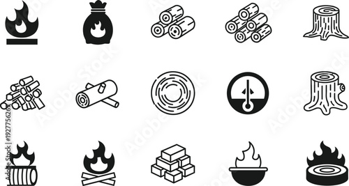 Firewood and Campfire Icon Set with Logs, Tree Stump, Flame, Timber Stack, Bonfire, Charcoal, and Forestry Silhouette Symbols