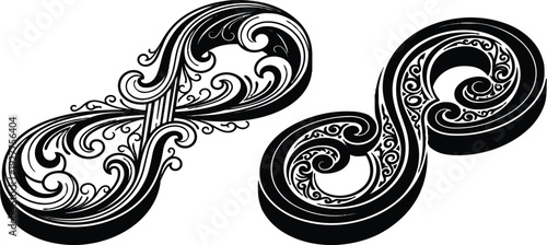 Ornamental filigree infinity symbols decorative swirl vector art close up black and white ornamental flourish design side by side paired