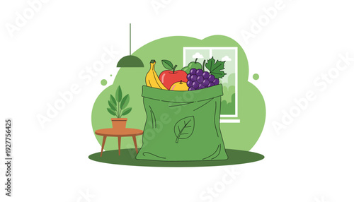 Vibrant green reusable bag filled with fresh fruit on modern table