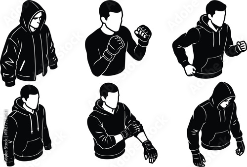 Minimalist vector set of hooded male figures in boxing poses with gloves hands viewed from varied angles close up action